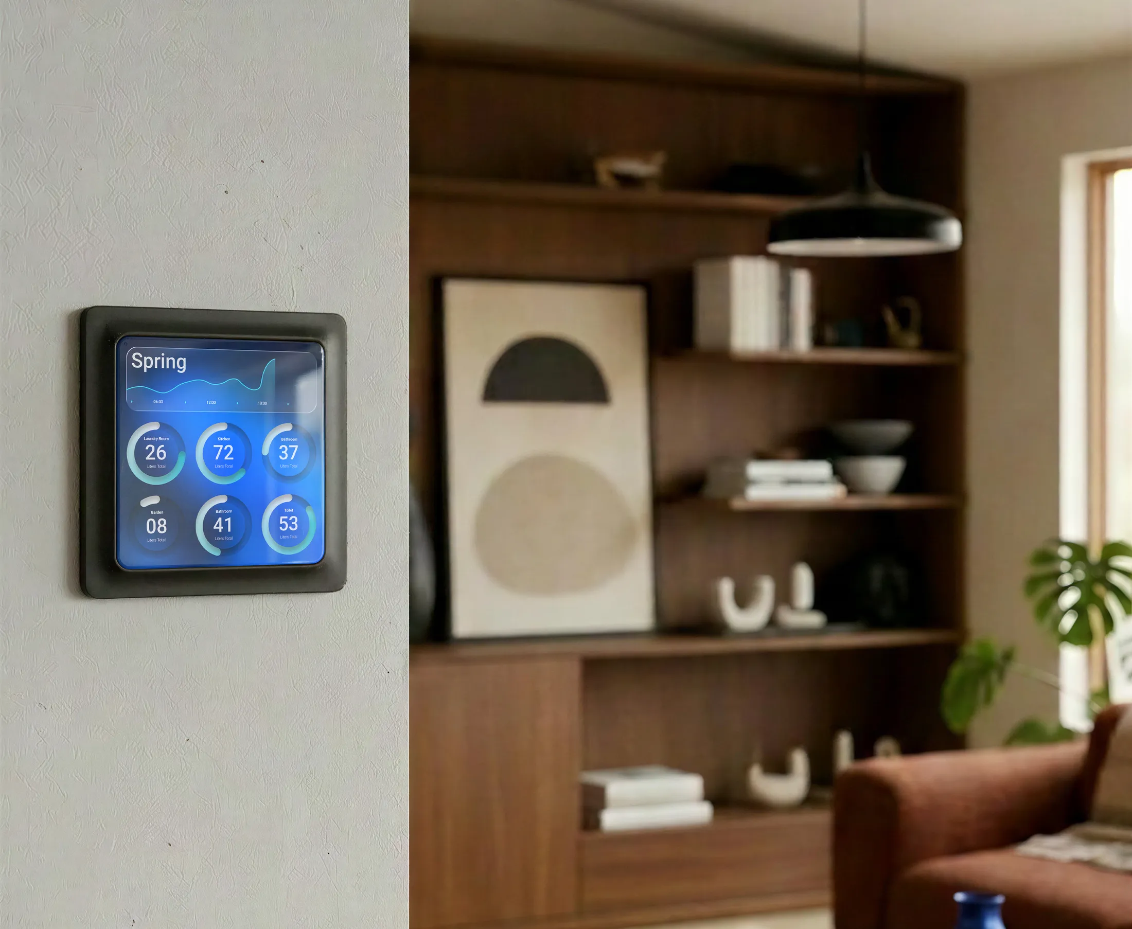 A Spring meter mounted on a living room wall beside a timber bookshelf.