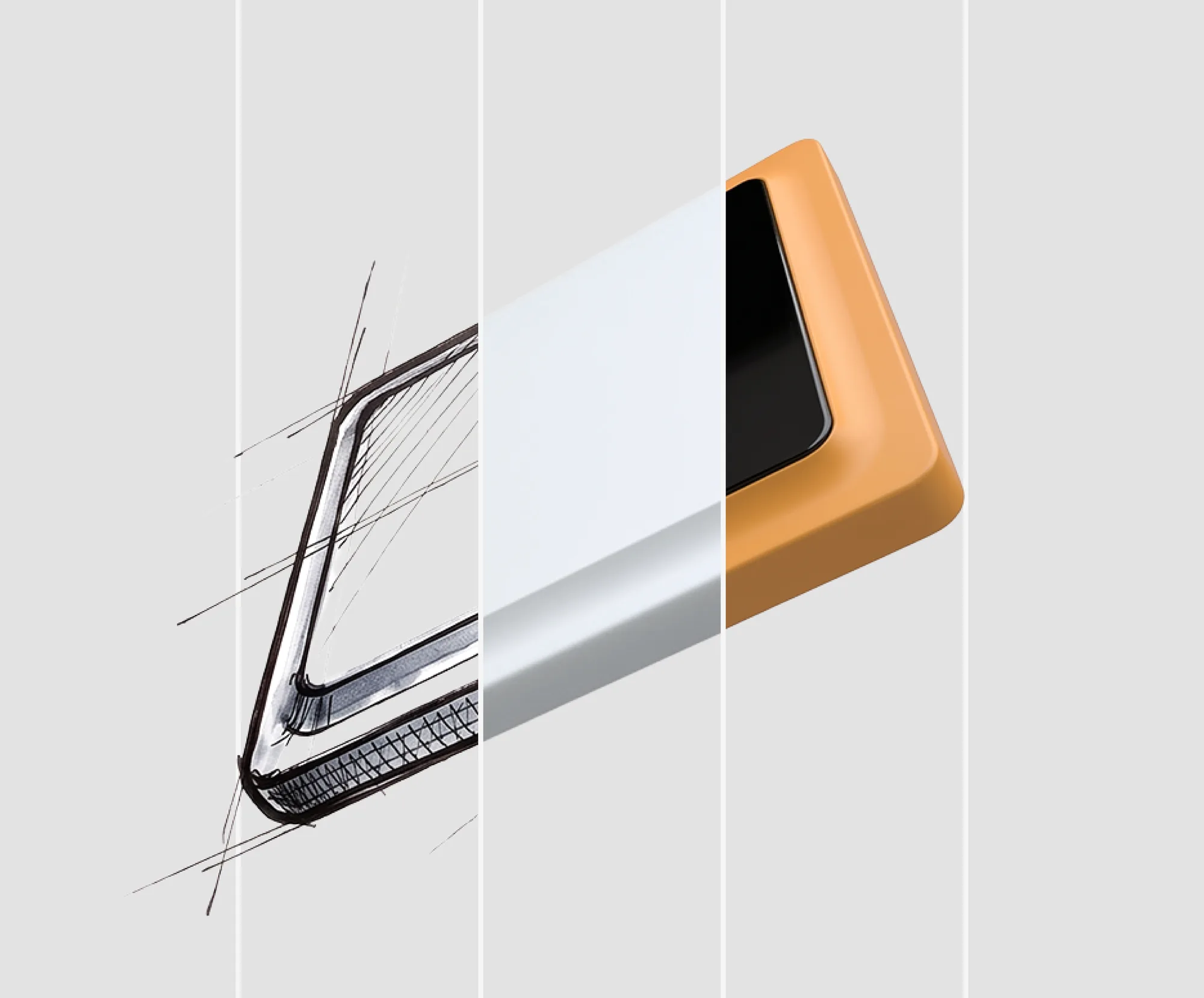 A sketch, a white model and an orange Spring meter, side by side.